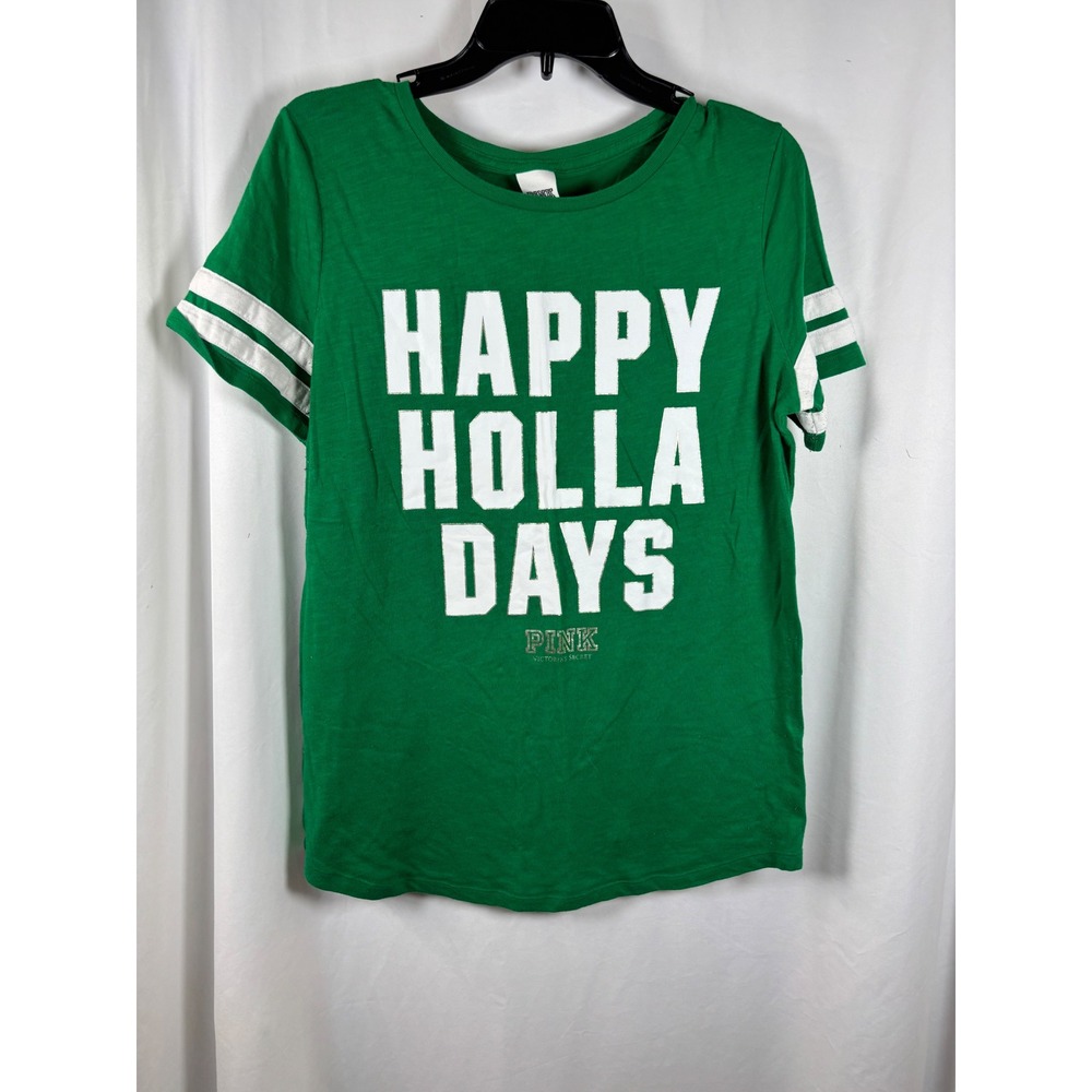 PINK Victorias Secret Green Happy Holla Days Graphic Tee Varsity Stripe Large